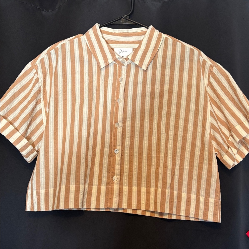 Striped Crop Button-Up Shirt - Tan & White